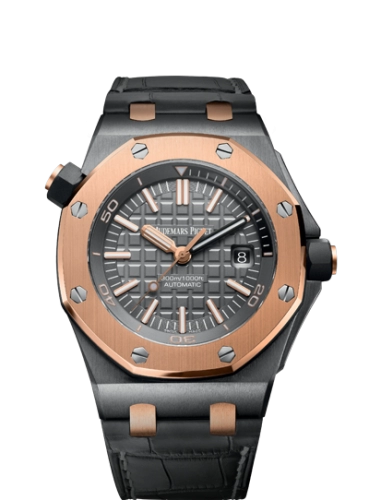 Audemars Piguet Royal Oak Offshore 42-15709TR.OO.A005CR.01 (Black Alligator Leather Strap, Méga Tapisserie Grey Index Dial, Pink Gold Smooth Bezel)