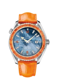 Omega Seamaster Planet Ocean 600M 45.5-2902.50.38 (Orange Alligator Leather Strap, Blue MOP Arabic/Index Dial, Baguette-cut Orange Sapphire-set Bezel) (Omega 2902.50.38)