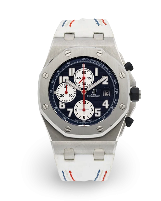 Audemars Piguet Royal Oak Offshore 42-26181ST.OO.D202CR.01 (White Leather Strap, Méga Tapisserie Blue Arabic Dial, Stainless Steel Smooth Bezel)