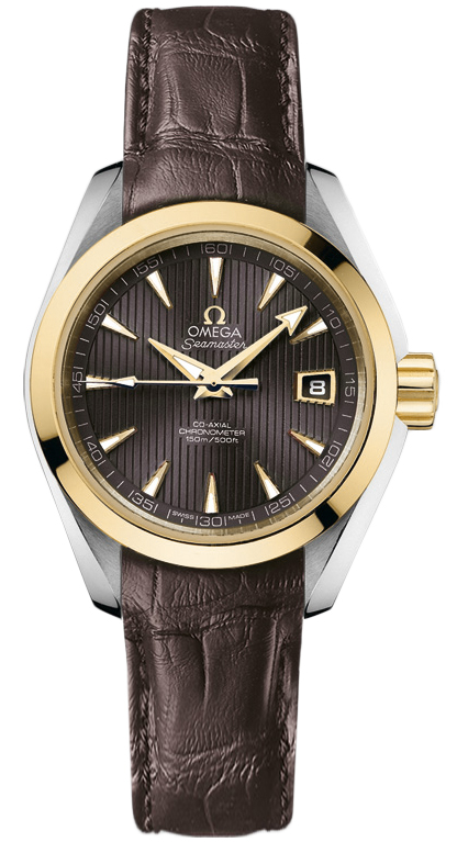 Omega Seamaster Aqua Terra 150M 30-231.23.30.20.06.002 (Brown Alligator Leather Strap, Vertical-teak Grey Index Dial, Yellow Gold Bezel)