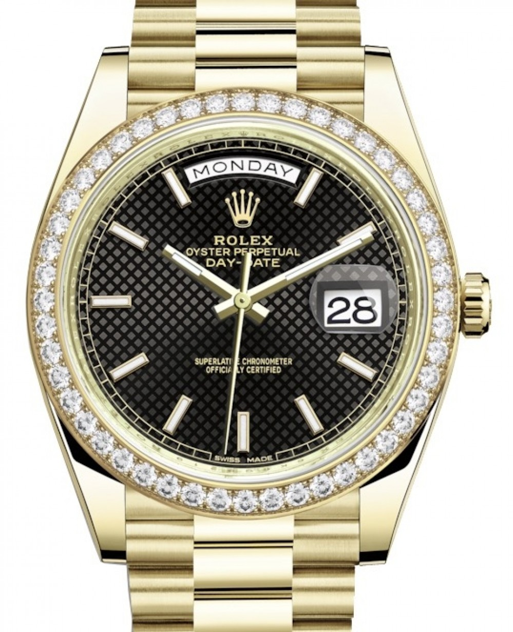 Rolex Day-Date 40-228348RBR (Yellow Gold President Bracelet, Black Diagonal Index Dial, Diamond Bezel)