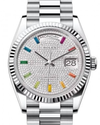 Rolex Day-date 36-128236 (Platinum President Bracelet, Diamond-paved Rainbow-colored Sapphire-set Index Dial, Fluted Bezel) (m128236-0003)
