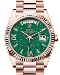 Rolex Day-Date 36-128235 (Everose Gold President Bracelet, VI IX Gold Diamond-set Green Aventurine Dial, Fluted Bezel) (m128235-0068)