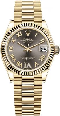 Rolex Datejust 31-278278 (Yellow Gold President Bracelet, VI Diamond-set Dark-grey Dial, Fluted Bezel)