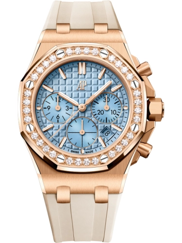 Audemars Piguet Royal Oak Offshore 37-26231OR.ZZ.A085CA.01 (Beige Rubber Strap, Lady Tapisserie Light-blue Index Dial, Brilliant-cut Diamond-set Bezel)