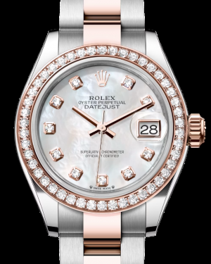 Rolex Lady-Datejust 28-279381RBR (Everose Rolesor Oyster Bracelet, Gold Diamond-set White MOP Dial, Diamond Bezel)