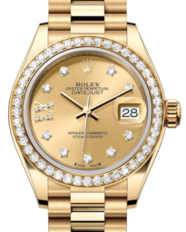 Rolex Lady-Datejust 28-279138RBR (Yellow Gold President Bracelet, Gold Diamond IX-set Champagne Dial, Diamond Bezel) (m279138rbr-0006)