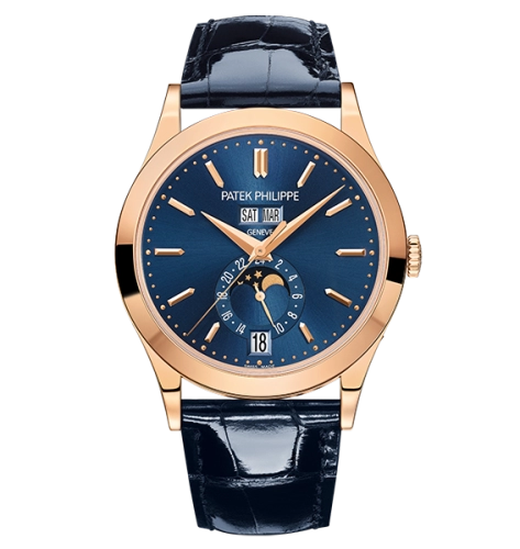 Patek Philippe Complications 38.5-5396R-014 (Shiny Navy-blue Alligator Leather Strap, Blue Sunburst Index Dial, Rose Gold Smooth Bezel)