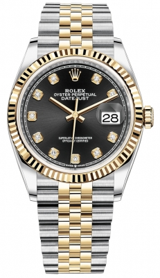 Rolex Datejust 36-126233 (Yellow Rolesor Jubilee Bracelet, Gold Diamond-set Bright-black Dial, Fluted Bezel)