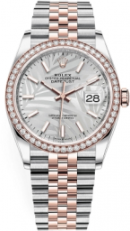 Rolex Datejust 36-126281RBR (Everose Rolesor Jubilee Bracelet, Silver Palm Index Dial, Diamond Bezel)