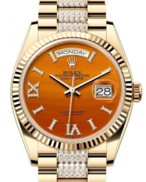 Rolex Day-Date 36-128238 (Yellow Gold Diamond-set President Bracelet, VI IX Gold Diamond-set Carnelian Dial, Fluted Bezel) (m128238-0089)