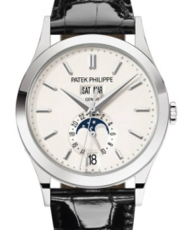 Patek Philippe Complications 38.5-5396G-011 (Shiny-black Alligator Leather Strap, Silvery Opaline Index Dial, White Gold Smooth Bezel) (5396G-011)