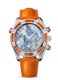 Omega Seamaster Planet Ocean 600M 45.5-222.28.46.50.57.002 (Orange Alligator Leather Strap, Blue MOP Arabic/Index Dial, Baguette-cut Orange Sapphire/Diamond-set Bezel) (Omega 222.28.46.50.57.002)