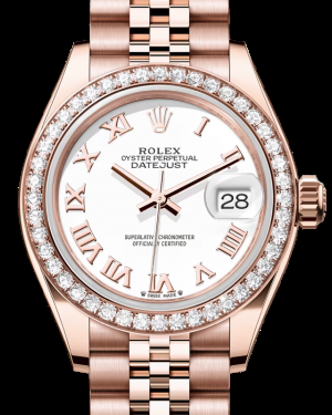 Rolex Lady-Datejust 28-279135RBR (Everose Gold Jubilee Bracelet, White Roman Dial, Diamond Bezel)