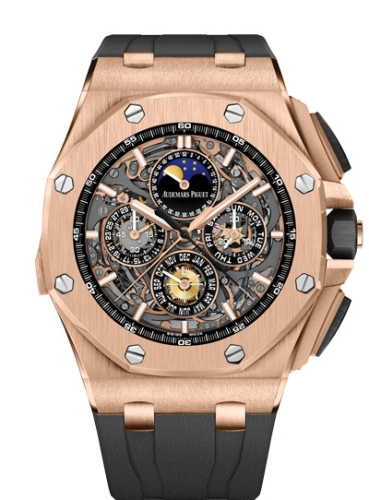 Audemars Piguet Royal Oak Offshore 44-26571OR.OO.A002CA.01 (Black Rubber Strap, Transparent Sapphire Openworked Grey Index Dial, Pink Gold Smooth Bezel)
