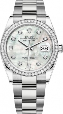 Rolex Datejust 36-126284RBR (Oystersteel Oyster Bracelet, Gold Diamond-set White MOP Dial, Diamond Bezel)