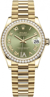 Rolex Datejust 31-278288RBR (Yellow Gold President Bracelet, VI Diamond-set Olive-green Dial, Diamond Bezel)