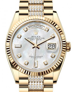 Rolex Day-Date 36-128238 (Yellow Gold Diamond-set President Bracelet, Gold Diamond-set White MOP Dial, Fluted Bezel)