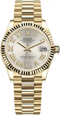 Rolex Datejust 31-278278 (Yellow Gold President Bracelet, VI Diamond-set Silver Dial, Fluted Bezel)