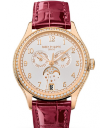 Patek Philippe Complications 38-4947R-001 (Shiny-violine Alligator Leather Strap, Silvery Sunburst Arabic Dial, Diamond Bezel) (4947R-001)