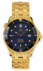 Omega Seamaster Diver 300M 41-2133.80.00 (Yellow Gold Bracelet, Blue Dot Index Dial, Rotating Blue Ceramic Bezel)