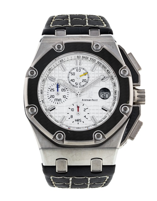 Audemars Piguet Royal Oak OffShore 42-26030IO.OO.D001IN.01 (Black Calfskin Strap, Petite/Méga Tapisserie Silver-toned Index Dial, Carbon Fiber Smooth Bezel)