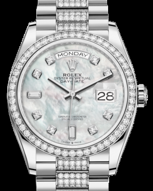 Rolex Day-Date 36-128349RBR (White Gold Diamond-set President Bracelet, Gold Diamond-set White MOP Dial, Diamond Bezel)
