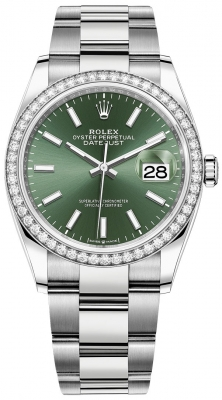 Rolex Datejust 36-126284RBR (Oystersteel Oyster Bracelet, Mint-green Index Dial, Diamond Bezel)