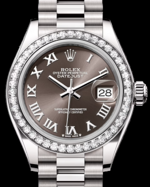 Rolex Lady-Datejust 28-279139RBR (White Gold President Bracelet, Dark-grey Roman Dial, Diamond Bezel)