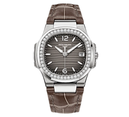 Patek Philippe Nautilus 32-7010G-012 (Shiny Mink-gray Alligator Leather Strap, Smoke-gray Wave-motif Arabic/Index Dial, Diamond Bezel) (7010G-012)