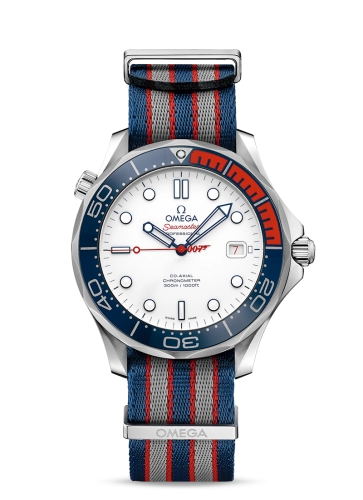 Omega Seamaster Diver 300M 41-212.62.41.20.04.002 (Blue/Red/Grey NATO Strap, White Dot Index Dial, Rotating Blue Ceramic Bezel)