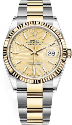Rolex Datejust 36-126233 (Yellow Rolesor Oyster Bracelet, Golden Palm Index Dial, Fluted Bezel)