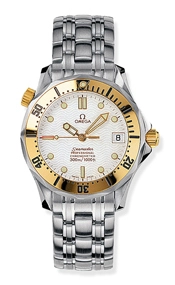 Omega Seamaster Diver 300M 36.25-2452.20.00 (Stainless Steel Bracelet, Wave-embossed White Dot Index Dial, Rotating Yellow Gold Bezel)