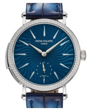 Patek Philippe Grand Complications 36-7040/250G-001 (Patinated Ocean-blue Alligator Leather Strap, Swirling Blue Enamel Index Dial, Flamme-set Diamond Bezel)