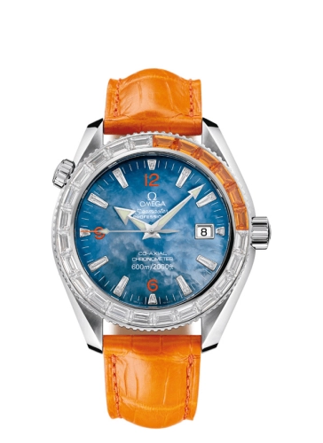 Omega Seamaster Planet Ocean 600M 42-2916.50.48 (Orange Alligator Leather Strap, Blue MOP Arabic/Index Dial, Baguette-cut Orange Sapphire/Diamond-set Bezel)