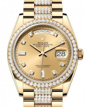 Rolex Day-Date 36-128348RBR (Yellow Gold Diamond-set President Bracelet, Gold Diamond-set Champagne Dial, Diamond Bezel)