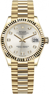 Rolex Datejust 31-278278 (Yellow Gold President Bracelet, Gold Diamond-set Silver Dial, Fluted Bezel)