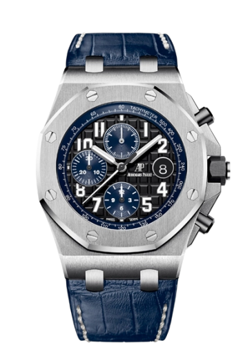 Audemars Piguet Royal Oak OffShore 42-26470ST.OO.A028CR.01.A (Blue Alligator Leather Strap, Méga Tapisserie Black Arabic Dial, Stainless Steel Smooth Bezel)