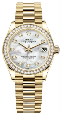 Rolex Datejust 31-278288RBR (Yellow Gold President Bracelet, Gold Diamond-set White MOP Dial, Diamond Bezel)