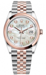 Rolex Datejust 36-126201 (Everose Rolesor Jubilee Bracelet, Gold Diamond-set White MOP Dial, Domed Bezel)