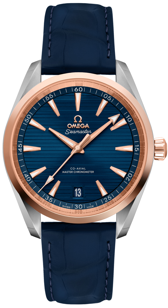 Omega Seamaster Aqua Terra 150M 38-220.23.38.20.03.001 (Blue Alligator Leather Strap, Wave-embossed Blue Index Dial, Sedna Gold Bezel)