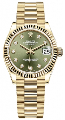 Rolex Datejust 31-278278 (Yellow Gold President Bracelet, Gold Diamond-set Olive-green Dial, Fluted Bezel)