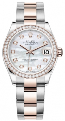 Rolex Datejust 31-278381RBR (Everose Rolesor Oyster Bracelet, Gold Diamond-set White MOP Dial, Diamond Bezel)