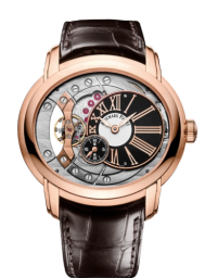 Audemars Piguet Millenary 47-15350OR.OO.D093CR.01 (Brown Alligator Leather Strap, Off-centred Black Roman Disc Openworked Dial, Pink Gold Smooth Bezel) (15350OR.OO.D093CR.01)