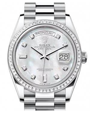 Rolex Day-Date 36-128396TBR (Platinum President Bracelet, Gold Diamond-set White MOP Dial, Diamond Bezel)