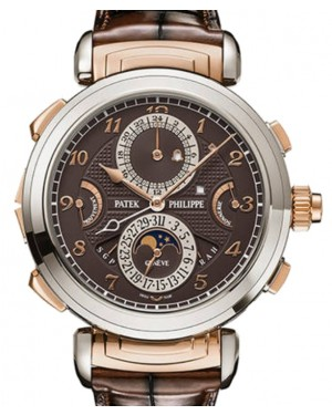 Patek Philippe Grand Complications 47.7-6300GR-001 (Patinated Dark-chestnut Alligator Leather Strap, Brown Opaline Double-sided Arabic Dial, White Gold Smooth Bezel)