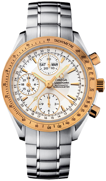 Omega Speedmaster Non-Moonwatch 40-323.21.40.44.02.001 (Stainless Steel Bracelet, Sun-brushed Silver-toned Index Dial, Yellow Gold Tachymeter Bezel)
