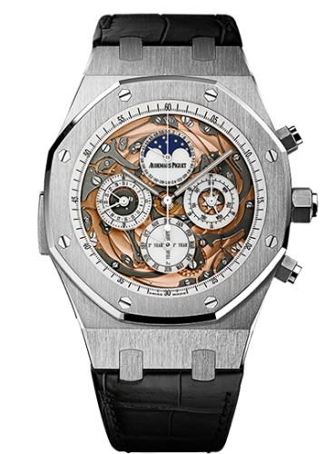 Audemars Piguet Royal Oak 44-26552BC.OO.D002CR.01 (Black Alligator Leather Strap, Transparent Sapphire Openworked White Dial, White Gold Smooth Bezel)