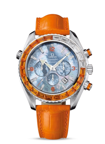 Omega Seamaster Planet Ocean 600M 45.5-222.28.46.50.57.001 (Orange Alligator Leather Strap, Blue MOP Arabic/Index Dial, Baguette-cut Orange Sapphire/Diamond-set Bezel)