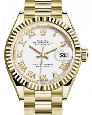 Rolex Lady-Datejust 28-279178 (Yellow Gold President Bracelet, White Roman Dial, Fluted Bezel)